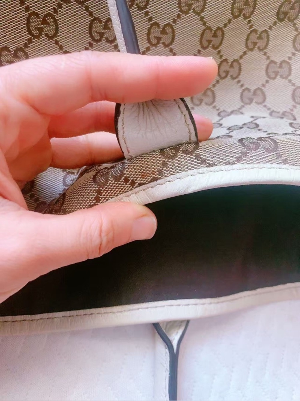 GUCCI GG Canvas Sherry Line Princy White Leather Tote Bag Shoulder Bag Authentic - Picture 12 of 14